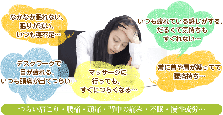 つらい肩こり・腰痛・頭痛・背中の痛み・不眠・慢性疲労...